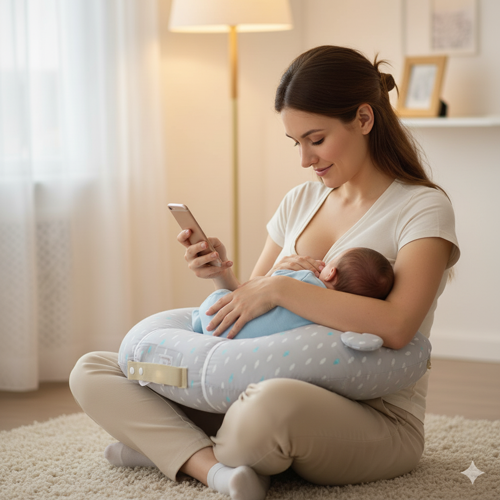 oreiller allaitement multifonction bebe en coton _0-24_mois_ coussin nourrissage sangle ergonomique couleur b maman allaite bebe regarde iphone