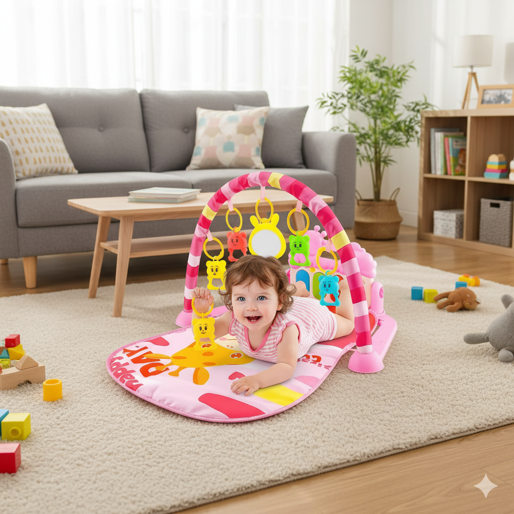 tapis deveil bebe musical avec piano arches jouets rose girafe fille salon