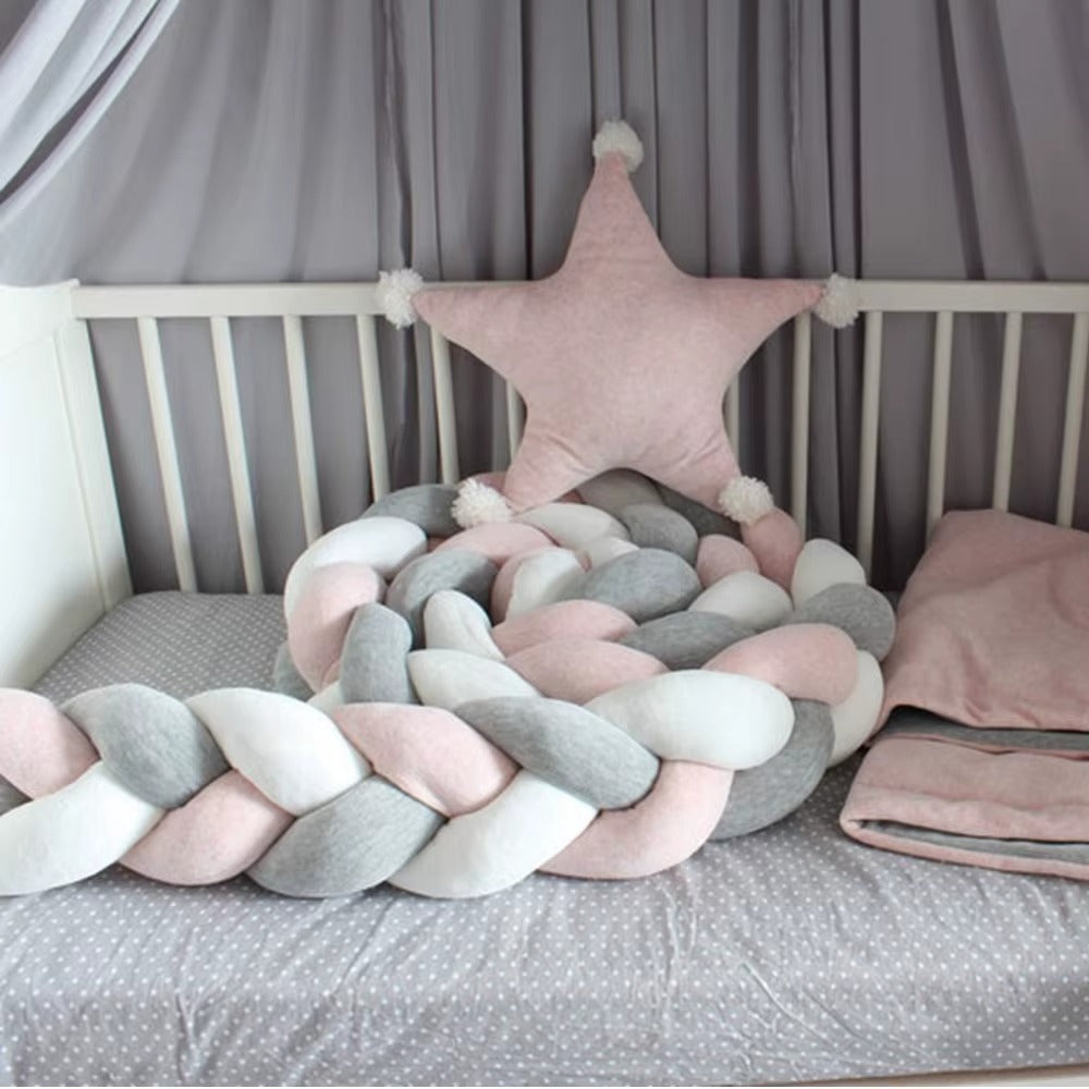 tour de lit bebe tresse3dcocon rose blanc gris etoile mousticaire